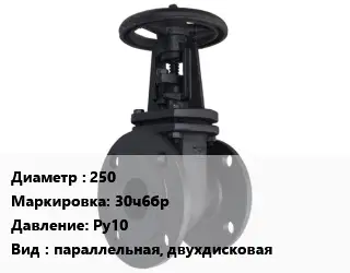 Задвижка чугунная 250 30ч6бр Ру10 параллельная, двухдисковая